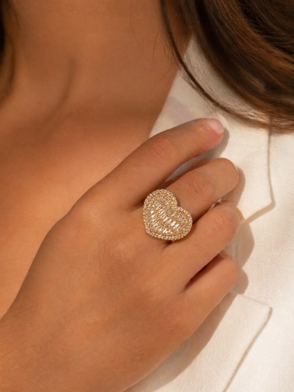 14K Gold Plated Heart Pavé Ring - Elegant Women's Fashion Ring